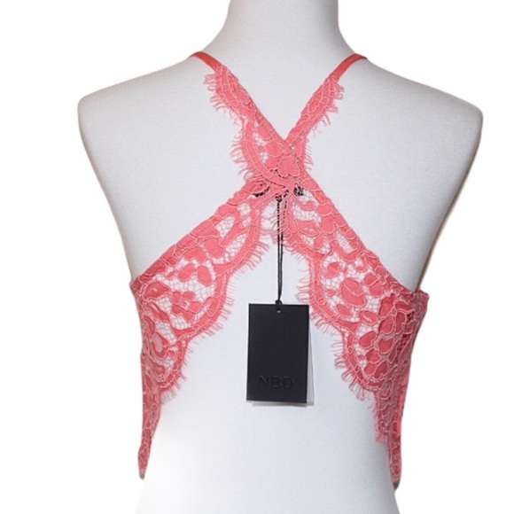 NBD Pink Floral Scallop Lace Fringe Cross-Back Halter Crop Top XSmall - Picture 5 of 16